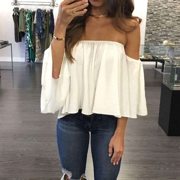 

off shoulder women and ruffle blouses plus size 5xl chiffon casual multi color female shirt top, White