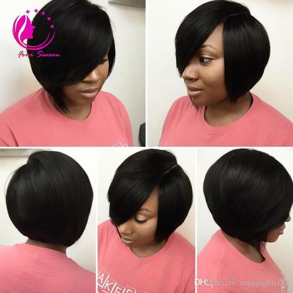 

unprocessed layered virgin human hair short bob wig for black women glueless lace front human hair bob wigs with side bangs hiping, Black;brown