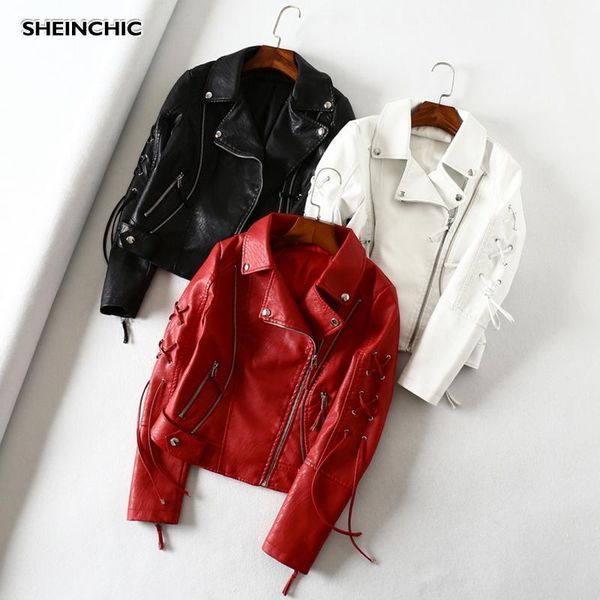 

autumn 2020 women motorcycle jacket outerwear soft pu leather red/white/black jacket biker drawstring female coat casaco1