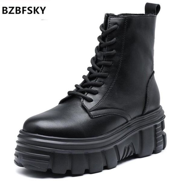 

bzbfsky 2021 натуральная кожа женская платформа сапоги дизайнер женские коренастые ботильонные ботинки zip мода женская обувь обувь на шнуро, Black