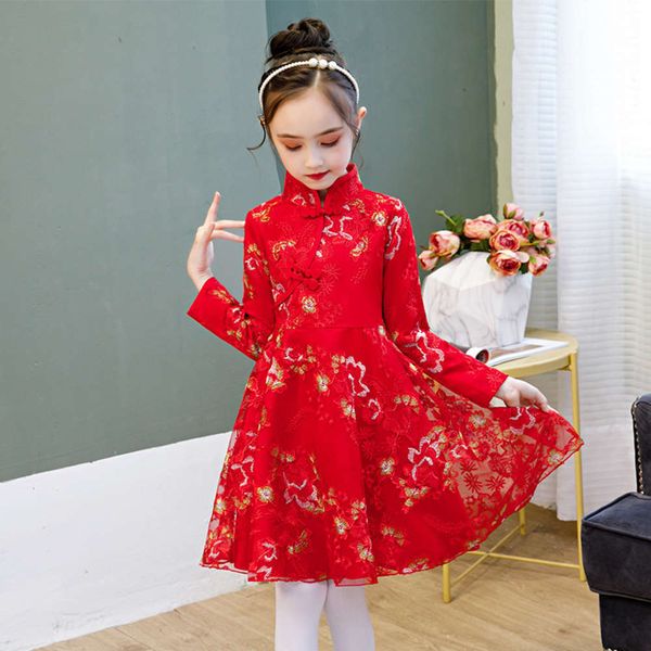 

autumn qipao chine sle girls' 2020 red plush sve princs drs long skirt jebg, Red;yellow