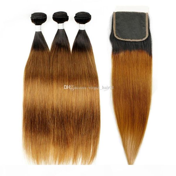 

fashion #30 auburn ombre straight hair with lace closure peruvian virgin human hair bundles with lace closure two tone 1b 30 brown hair, Black;brown