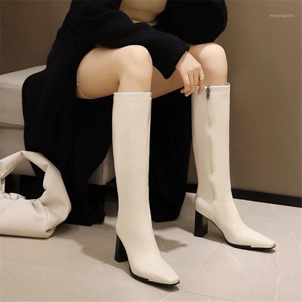 

boots pxelena fashion women knee high patent leather square heel zip 2021 autumn winter shoes black beige large size 34-451
