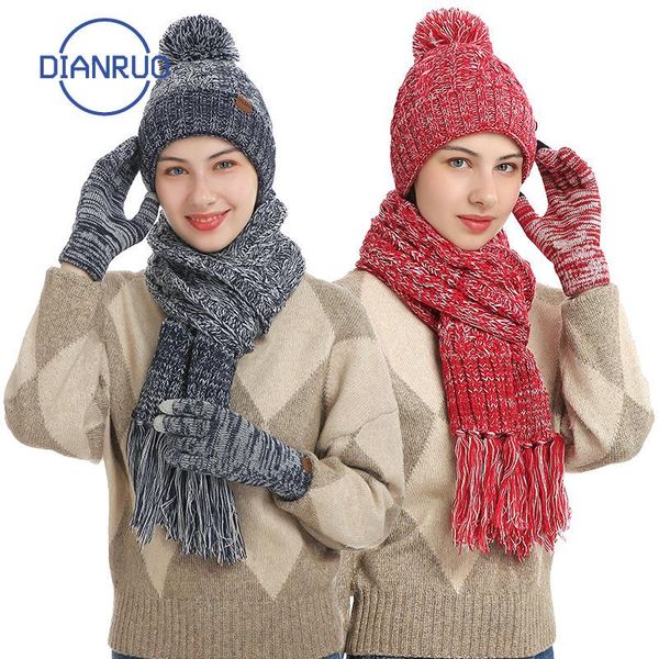 

dianruo 3pcs hat ring scarf gloves set classic winter knitted thick warm cap women men solid retro hat soft touch gloves n610, Blue;gray