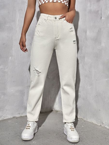 

solid ripped crop mom jeans x1dp#, Blue