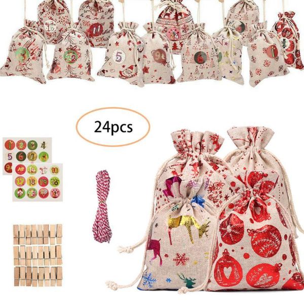 

gift wrap christmas pattern candy bag 1-24 advent calendar bundle cotton linen for home santa clause merry party 20211