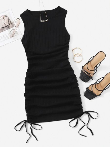

ruched drawstring side bodycon dress a1ef#, Black;gray