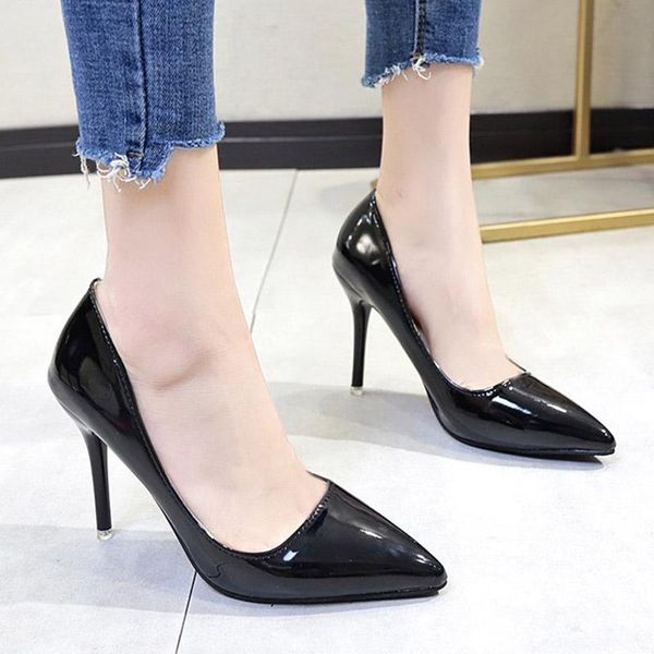 

новый 2020 женщины насосы elegant заостренным носком патент кожа офис леди обувь весна-лето на высоких каблуках свадебная свадебная обувь же, Black