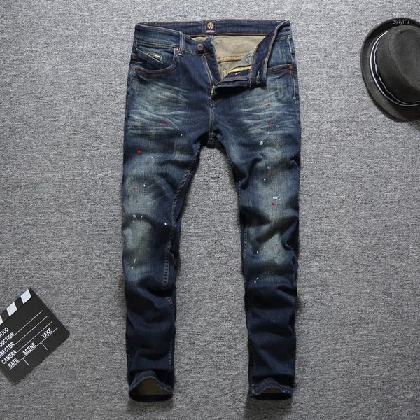 

2019 italian vintage style men jeans dark blue slim elastic printed jeans classical pants paint designer streetwear men1