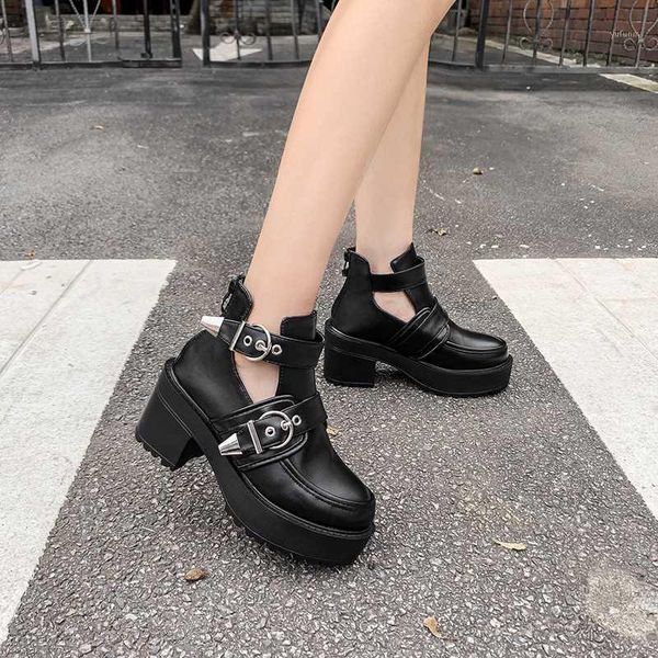 

dress shoes womens pump gothic ankle strap high chunky heels platform punk creepers female fashion buckle comfortable1, Black