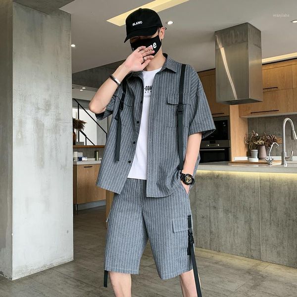 

aiopeson summer stripes new mens suit clothing bottoms fashion trend slim shirt men shorts retro street suit men1, Gray