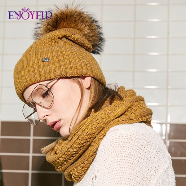 

enjoyfur fashion winter hat and scarf set women cashmere hat scarf female thick warm fur pompom knitted hats lady warps 201021, Blue;gray