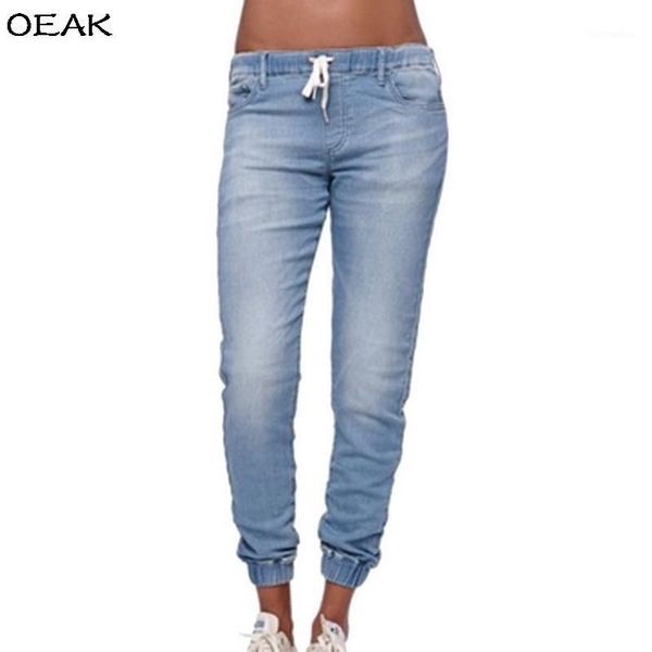 

oeak women drawstring elastic waist stretchy multi-pocket pencil jeans ladies casual high waist feet pants lantern pants1, Blue