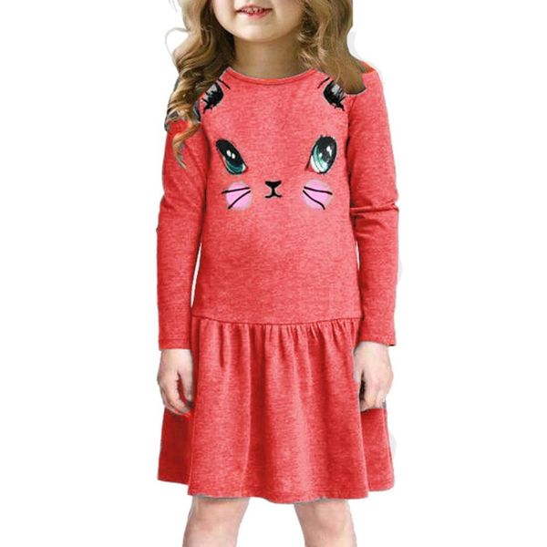 

girls mid-length cartoon kitten long sleeve dress size130cm, Black;white