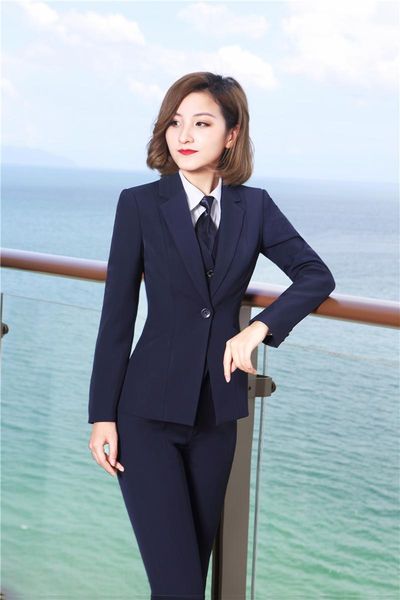 

fall winter elegant navy blue blazers suits with 3 pieces jackets + pants + vest & waistcoat for ladies pantsuits pants suits, White