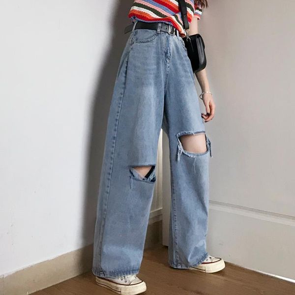 

new 2020 women blue jeans vintage loose jeans high waist jeans with knee holes retro washed wide leg denim pants denim