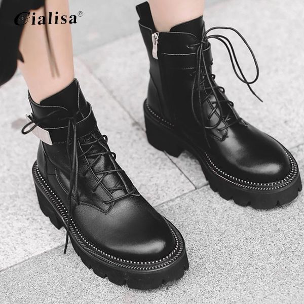 

cialisa women shoes 2020 fashion design genuine leather round toe chunky lace up motorcycle boot autumn winter boots for women1, Black