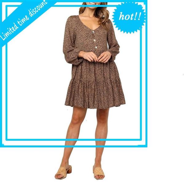 

2021 new lent women print retro long mouwen v-neck buttons loose short dress women's moves casual sun clock, Black