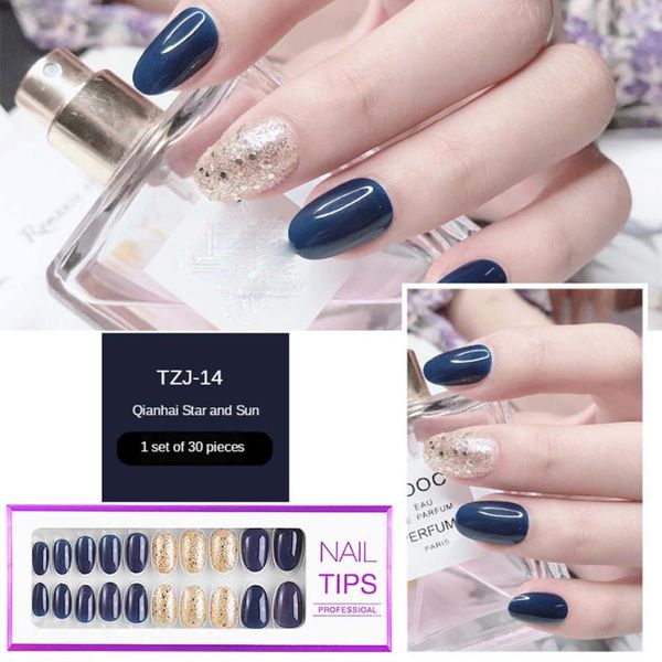 

30pcs detachable fake nails french coffin short round head false nail fashion wearable acrylic full cover nail art tip with glue, Red;gold