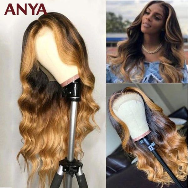 

lace wigs anya honey blonde ombre color front wig pre plucked body wave human hair transparent maylasia remy for women, Black;brown
