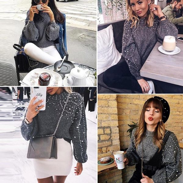

fashion design women spring gray o-neck long sleeve pearl knitted sweater blouse pullovers sweater w7101, White;black