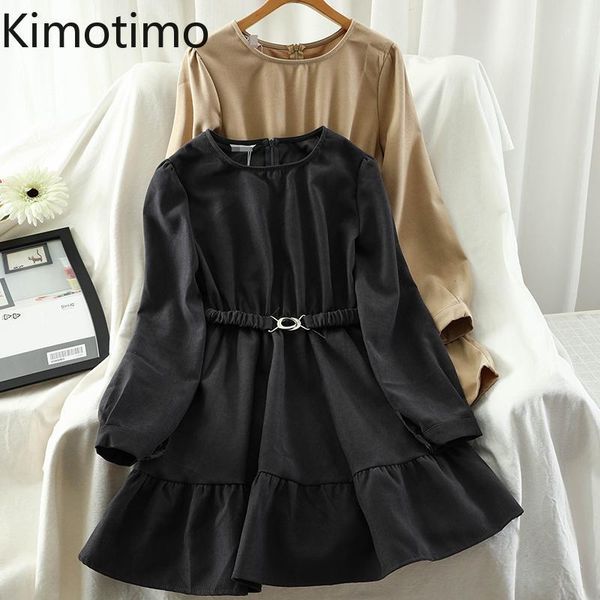 

kimotimo ruffles dress women long puff sleeve o-neck solid elegant fashion birthday party casual chic korean dresses1, Black;gray