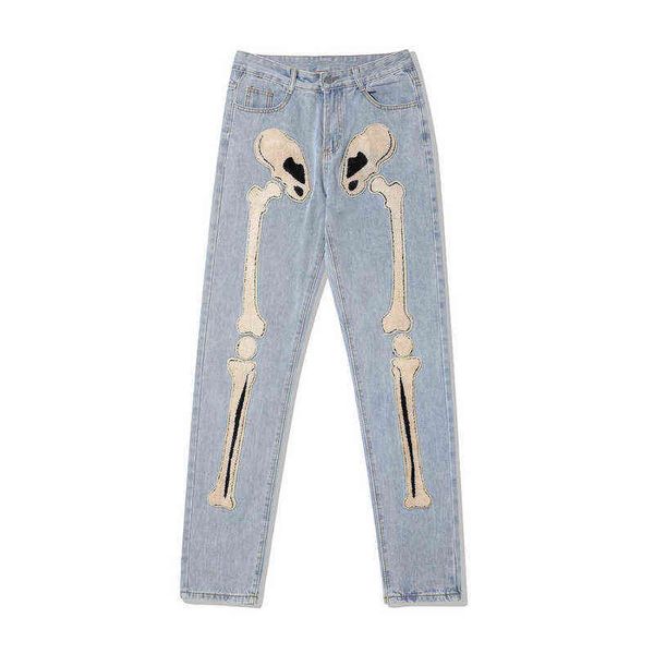 

2021 vouge bone towel embroidery punk retro straight men pants jeans casual vintage streetwear denim trousers pantalones hombre 0309, Blue
