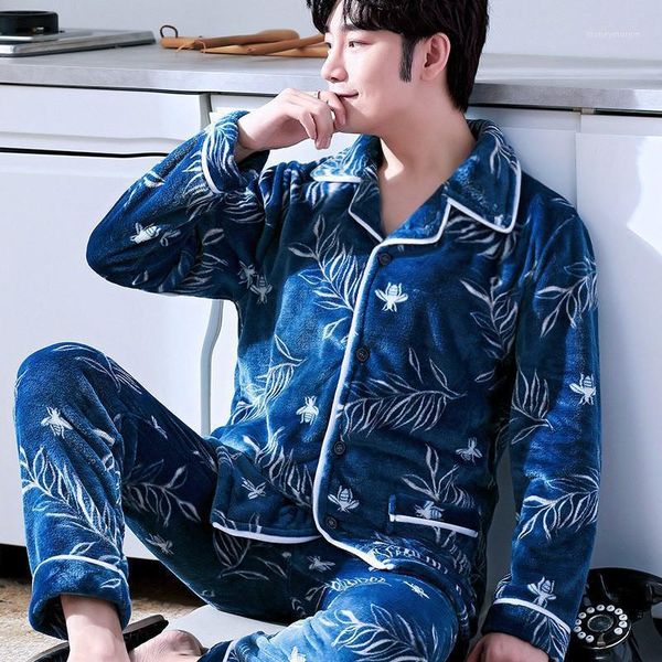 

men's sleepwear blue coral fleece sleep set men flannel pajamas winter warm casual bathrobe nightwear thick pijamas suit homewear1, Black;brown