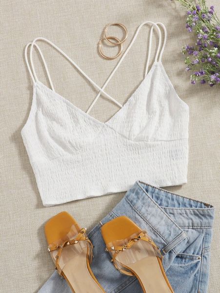 

crisscross back shirred cami s69d#, White