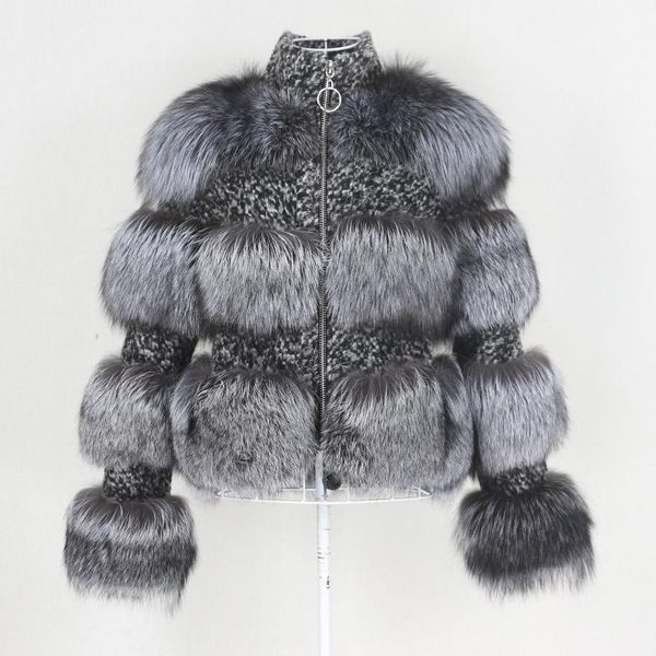 

women's fur & faux oftbuy 2021 real silver coat winter jacket women natural raccoon weave wool stand collar plaid outerwear streetwear, Black