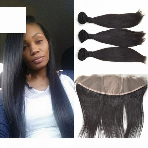 

ear to ear silk base frontal closure with bundles malaysian human hair straight virgin hair bundles with silk lace frontals, Black