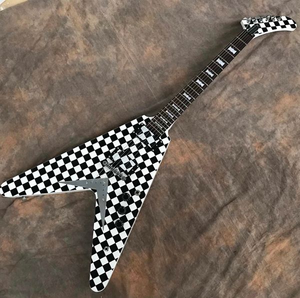 

custom v shape black and white stripes checkboard electric guitar