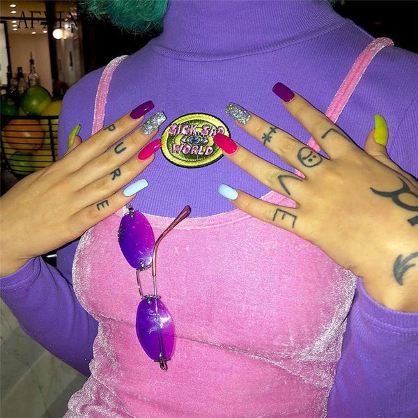 

ins harajuku t shirt women viantge purple turtleneck long sleeve letters embroidery crop 90s goth cropped tee street new t200812, White