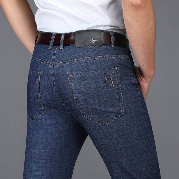 

thin and stretch men's small straight tube men's jeans summer jeans middle aged men rlmxa, Blue