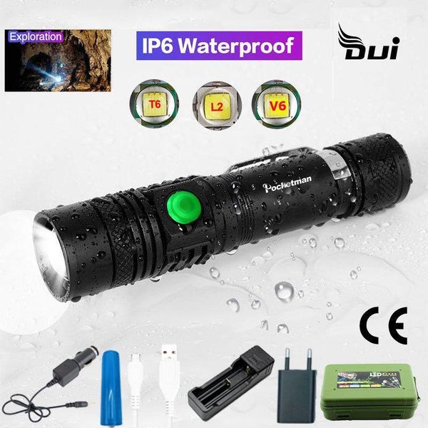 

flashlights torches dui usb battery rechargeable led waterproof camping powerful portable light long hunting flash zoom torch lamp1