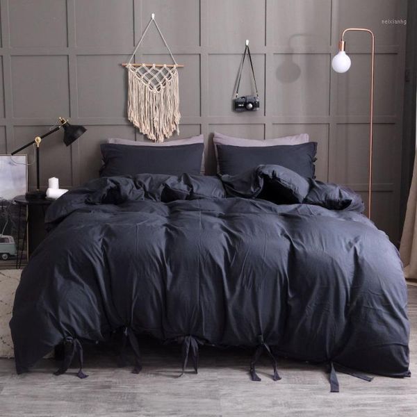 

25 lacing solid color faux washed cotton soft duvet cover with pillowcase set 4 size single twin  king bedding sets1