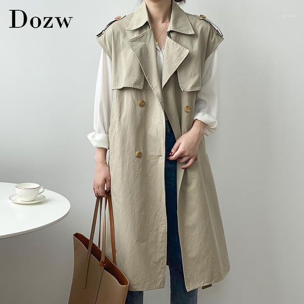 

women solid long trench with belt sleeveless double breasted chic coat female turn down collar office wear windbreaker1, Tan;black