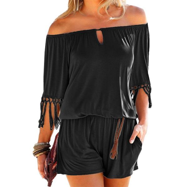 

casual women summer playsuits slash neck tassel beach jumpsuits shorts overalls boho girls pockets rompers xxl gv923, Black;white