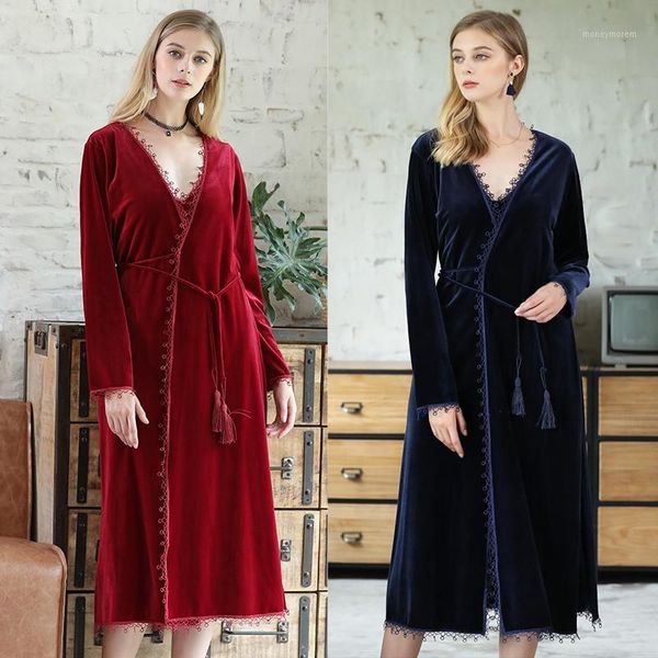 

women's sleepwear pleuche v-nect sexyspaghetti strap+coat two pieces suit sleepdress keep warm with velet&thick bridal night-robe sashe, Black;red