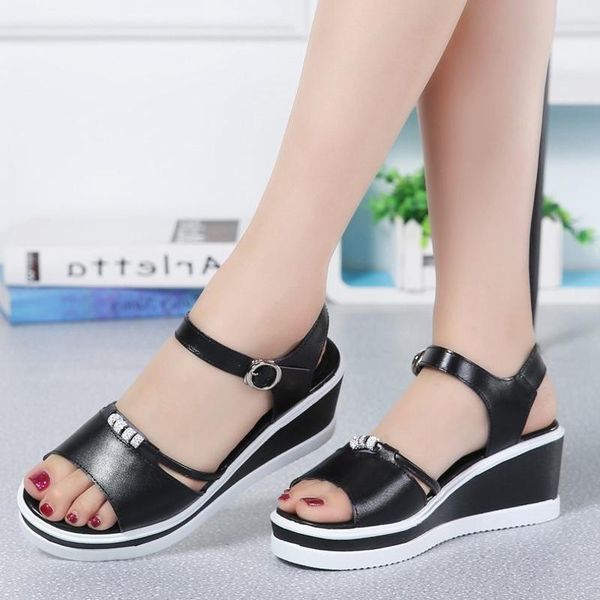 

sandals rhinestone sandal heels 6cm genuine leather black and white shoes women wedge high heel comfy platforms big size shoe