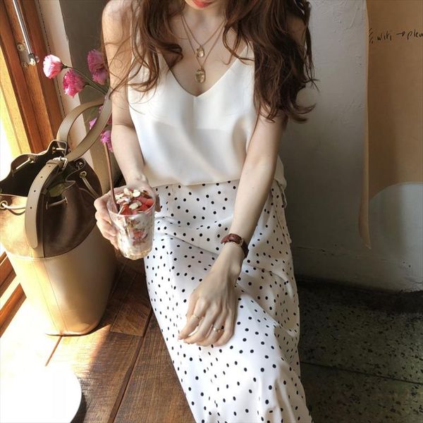

women summer white long polka dot skirt elegant a line high waist casual lacing wrap skirts, Black