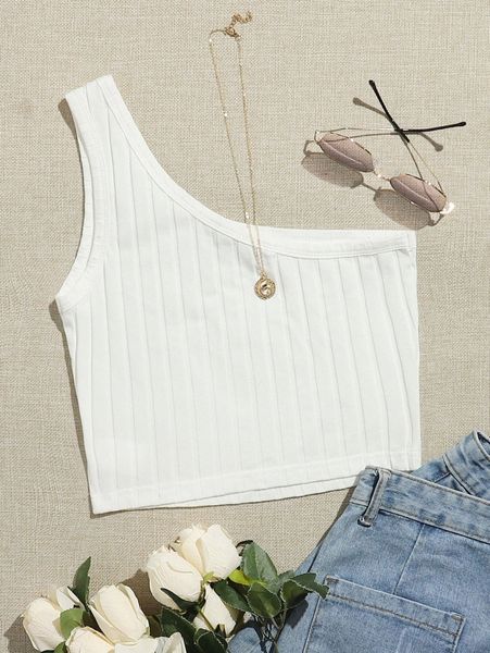 

one shoulder rib-knit crop v2p7#, White