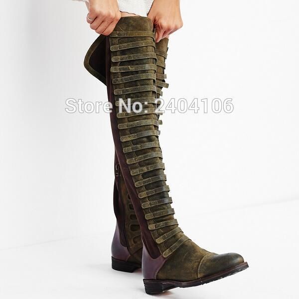 

patchwork retro shoes winter botas mujer flat riding boot army green black long booties vintage knee high boots women1