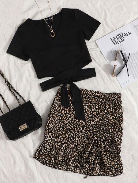 

wrap tie back & ruffle hem leopard skirt set r6s9#, White