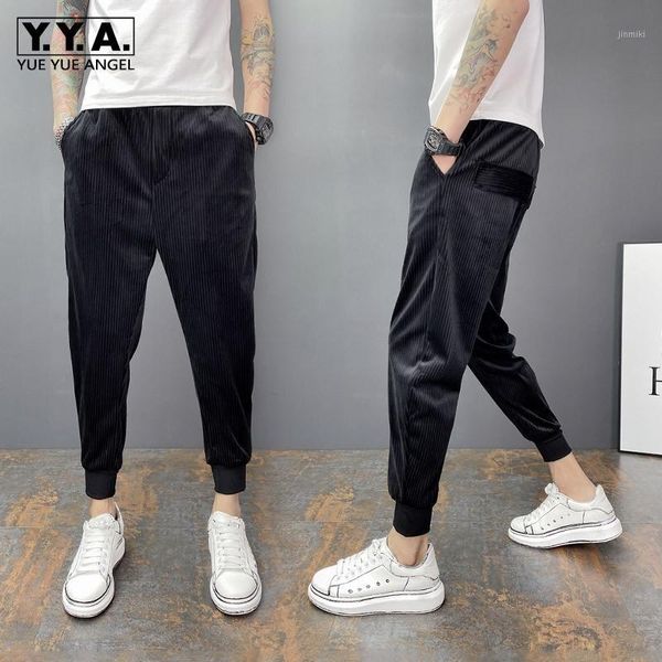 

autumn winter men corduroy casual pants loose micro-elasticity male solid drawstring fashion korean ankle length pencil pant1, Black
