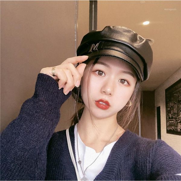 

autumn and winter new letter flat leather hat women's cap peaked cap temperament octagonal hat1, Blue;gray