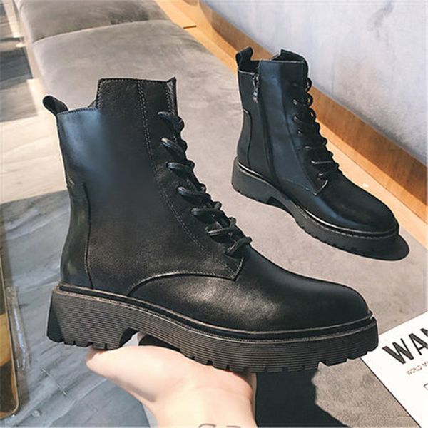 

british 2021 new style leather women's boots high autumn shoes lace up to warm winter boot 28e9, Black