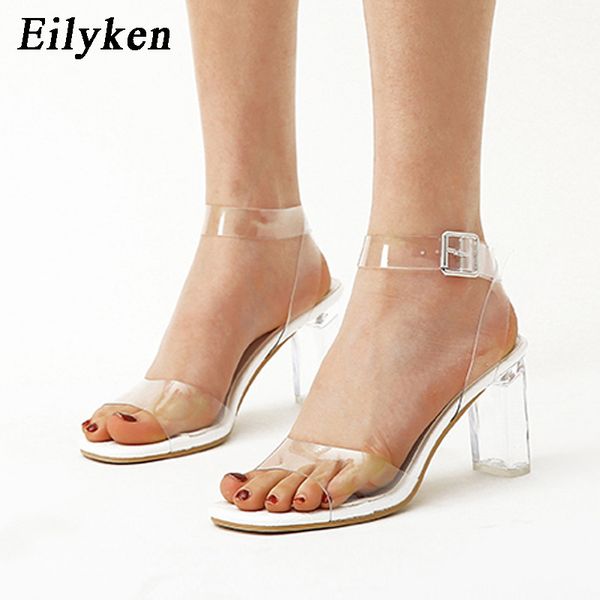 

eilyken pvc jelly shoes woman transparent heels fashion snake print open toe ankle buckle strap sandals womens slides 0928, Black
