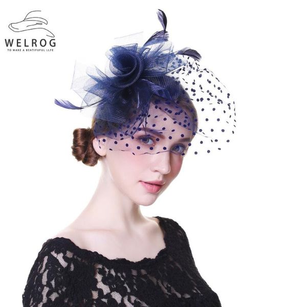 

welrog women wedding hats with face veil bridal headwear nightclub feathers linen hat for brides fascinator with clips hairband, Blue;gray
