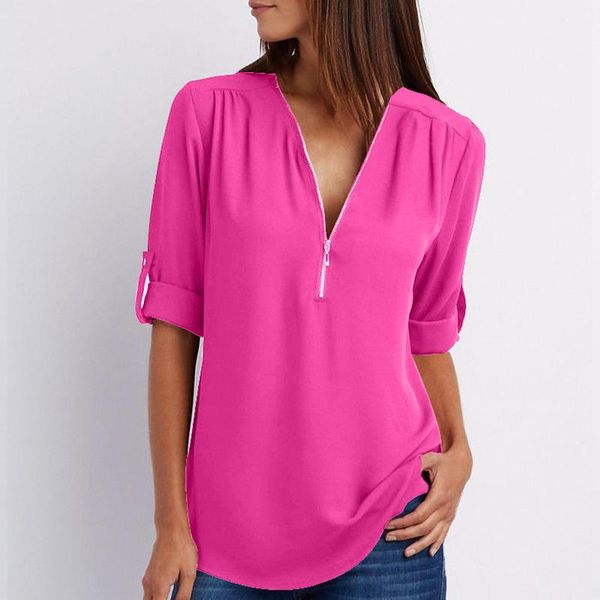 

women summer chiffon shirts v neck pullover zipper loose long sleeves casual ser88, White